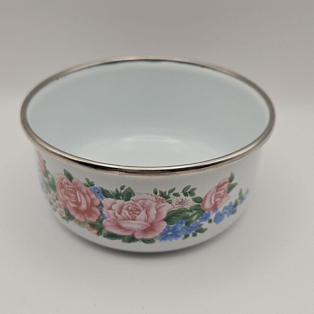 Metal Enamelware Nesting Mixing Bowl - Vintage Pink Rose Design - 4” Diameter